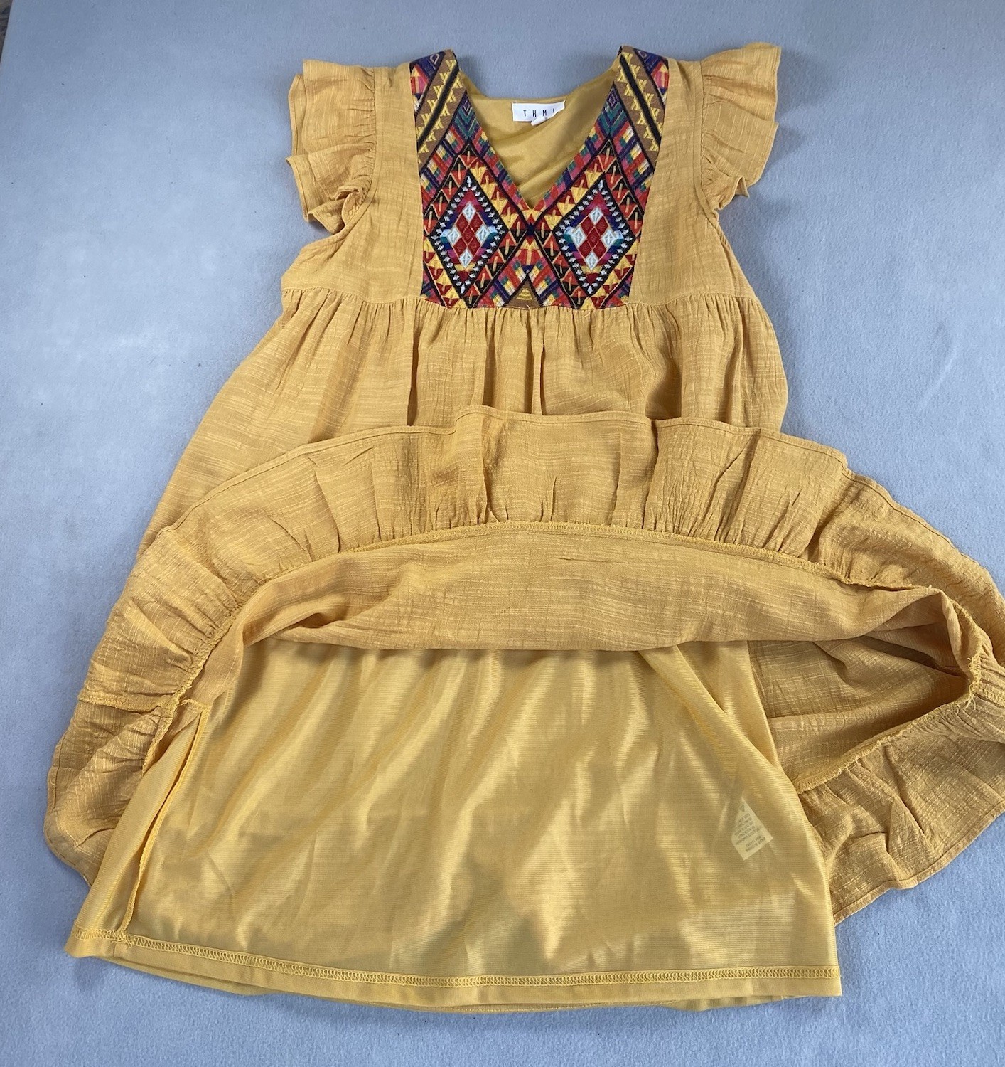 THML Sunflower Yellow Dress Small Aztec Embroidered Yoke Ruffled Cap Sleeves
