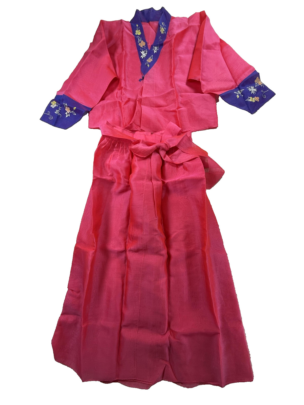 Hanbok Jacket Skirt Set Womens Medium Pink Floral Embroidered Belted Formal