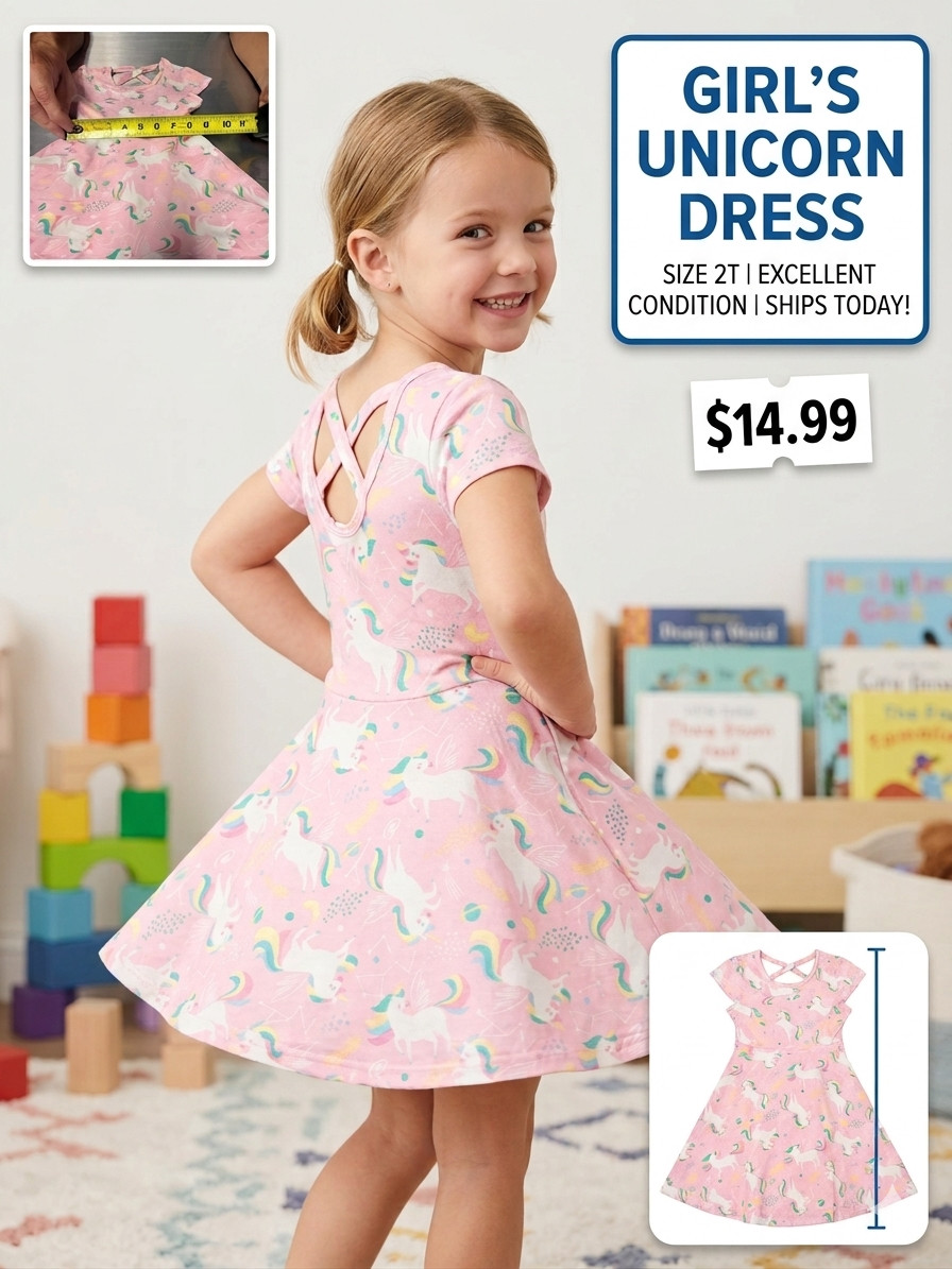 RMLA Girl Unicorn Dress Pink Rainbow Short Sleeve Lace Cross Back Casual Size 2T