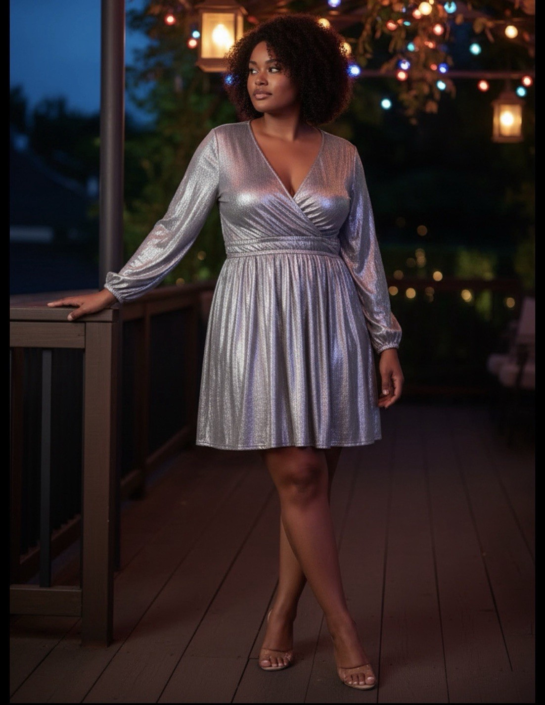 Torrid Silver Shiny V-Neck Long Sleeve Stretch Knit Mini Dress Plus 1