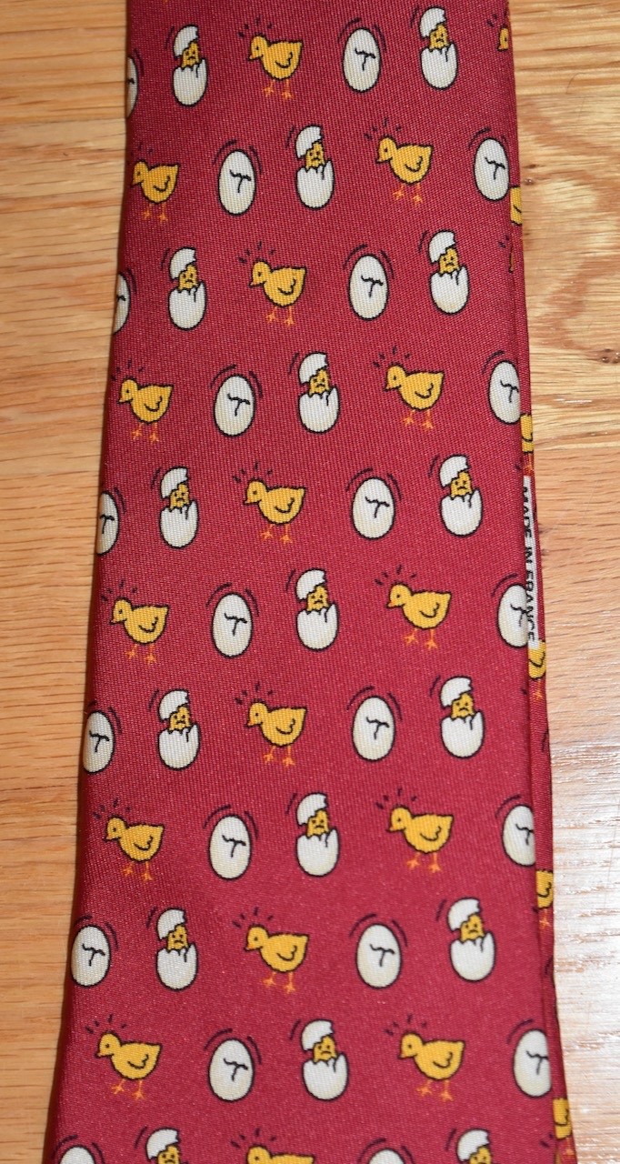 Hermes Silk Neck Tie Chick Egg Hatching Chicken Bird Red 7532 Preppy France 57″