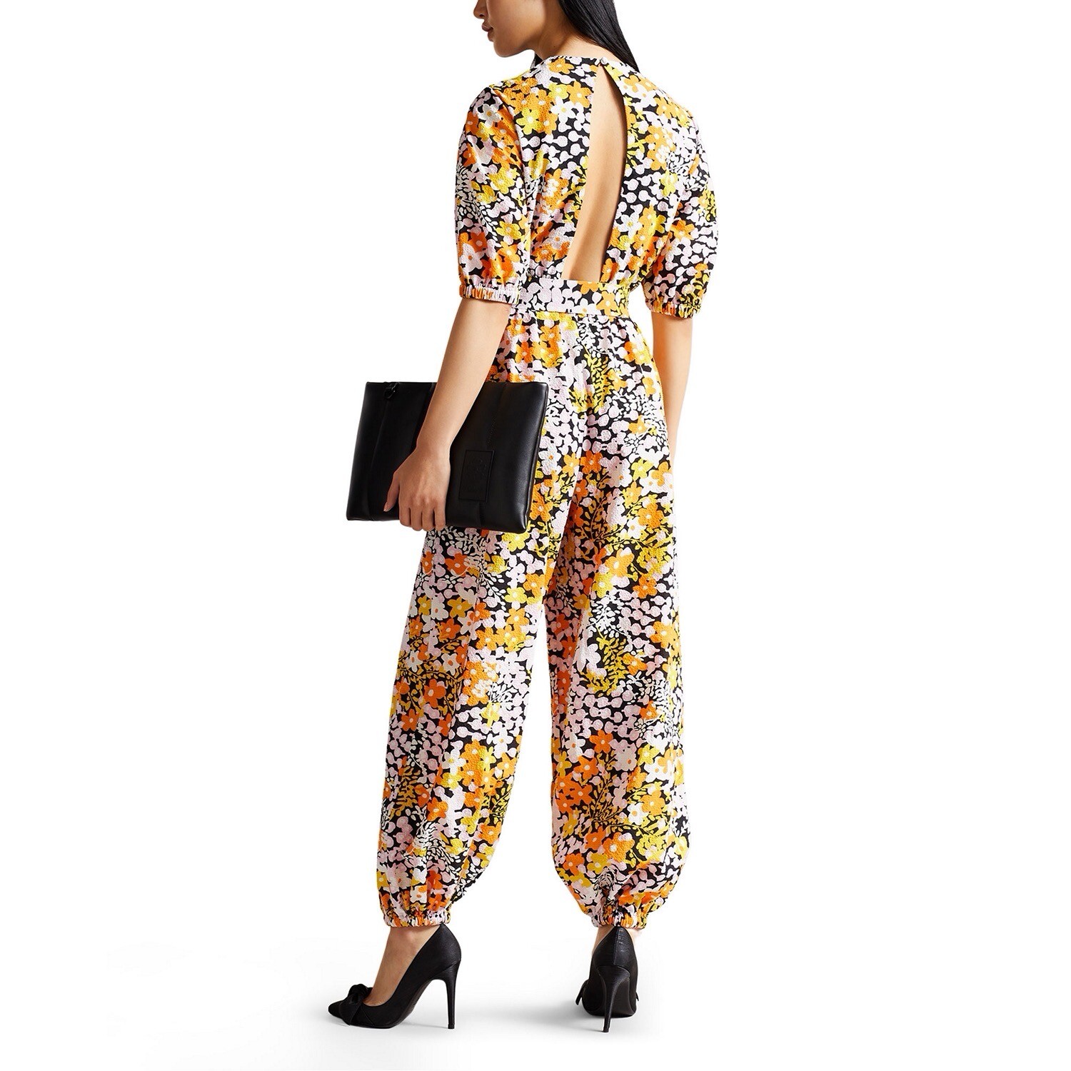 £220 TED BAKER YILENA BALLOON LEG JUMPSUIT WITH OPEN BACK YELLOW/MULTI Sz 0 6 8