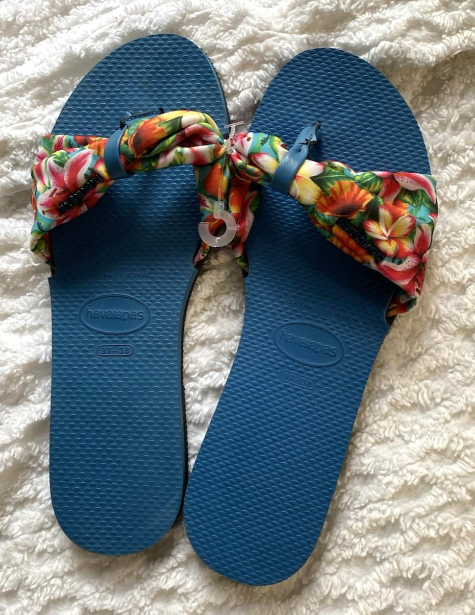 Havaianas Alpargatas Brazil Sandal 7/8 Women’s 37-38 EU NWOT Blue Tropical Logo