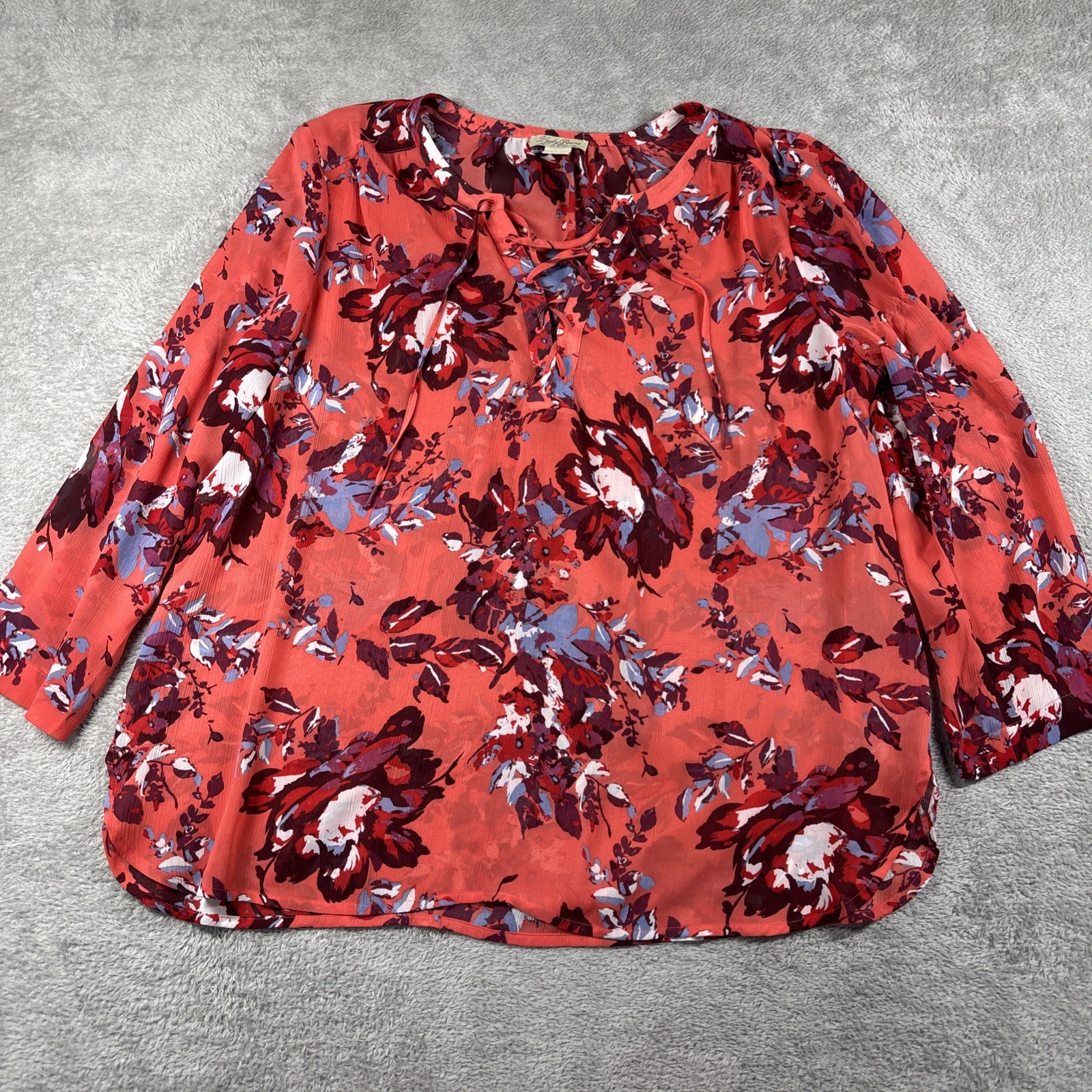 Lucky Brand Multicolor Floral Print Lace-Up Neckline Semi-Sheer Top Shirt Size L