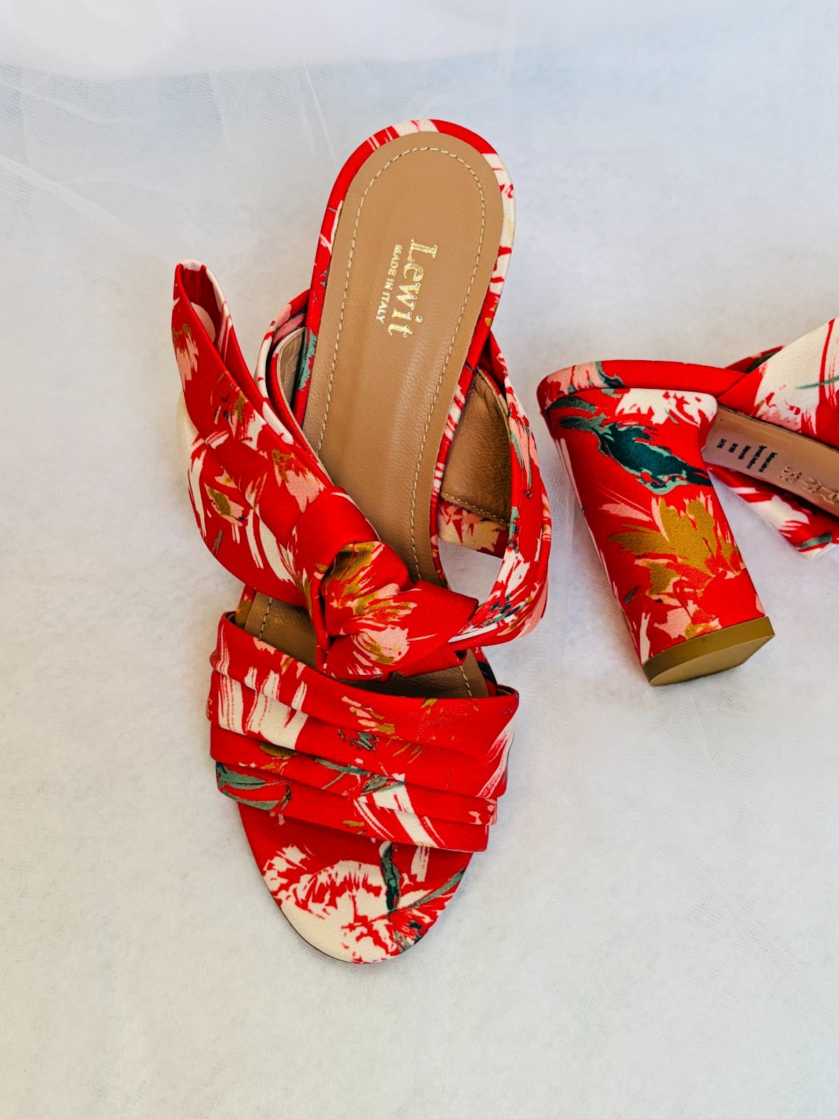 Lewit Rosa Floral Print Bow Mule Pumps Block Heel Red Satin -Size 6 (35 1/2)