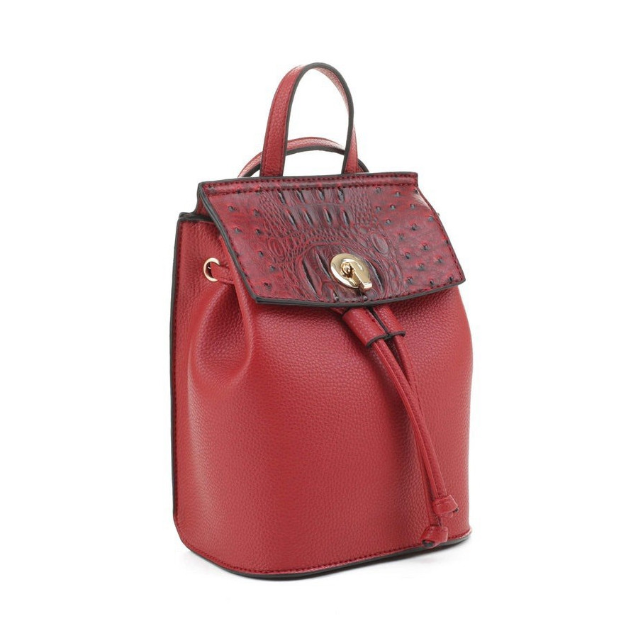 Women’s Red Pebbled Mini Backpack Purse, Drawstring Turn Lock, Gold