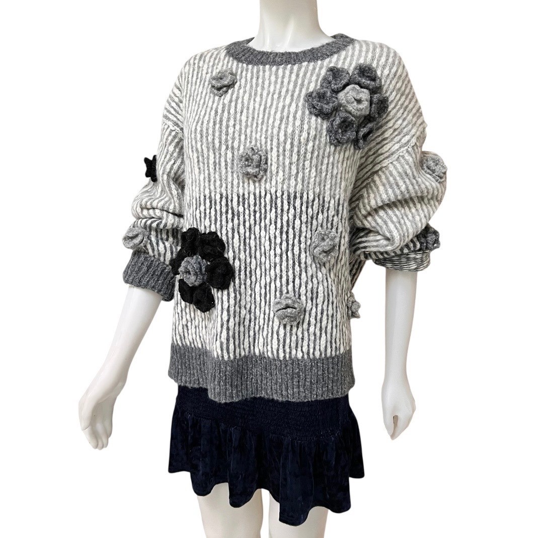 Grannycore Chunky Knit Oversized 3D Crochet Flower Sweater Women Grey Boho Large