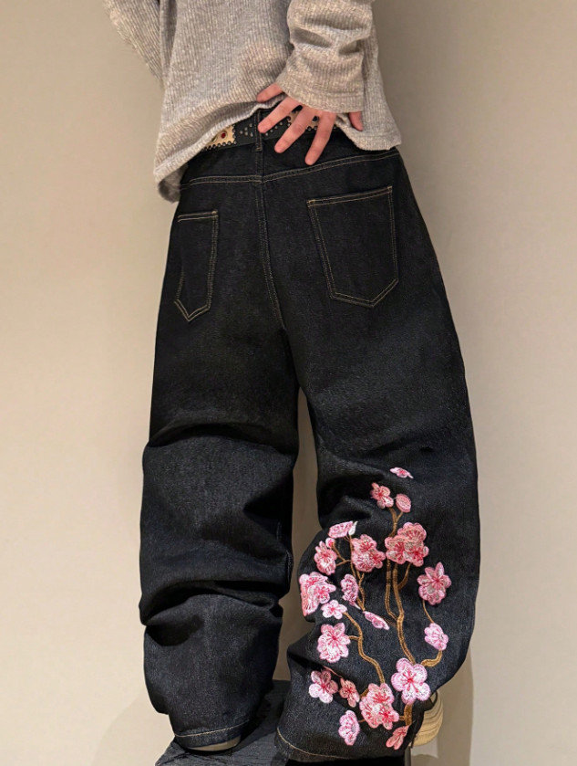 Baggy Jeans Unisex 👖 Black Floral Embroidered Vintage Grunge Denim