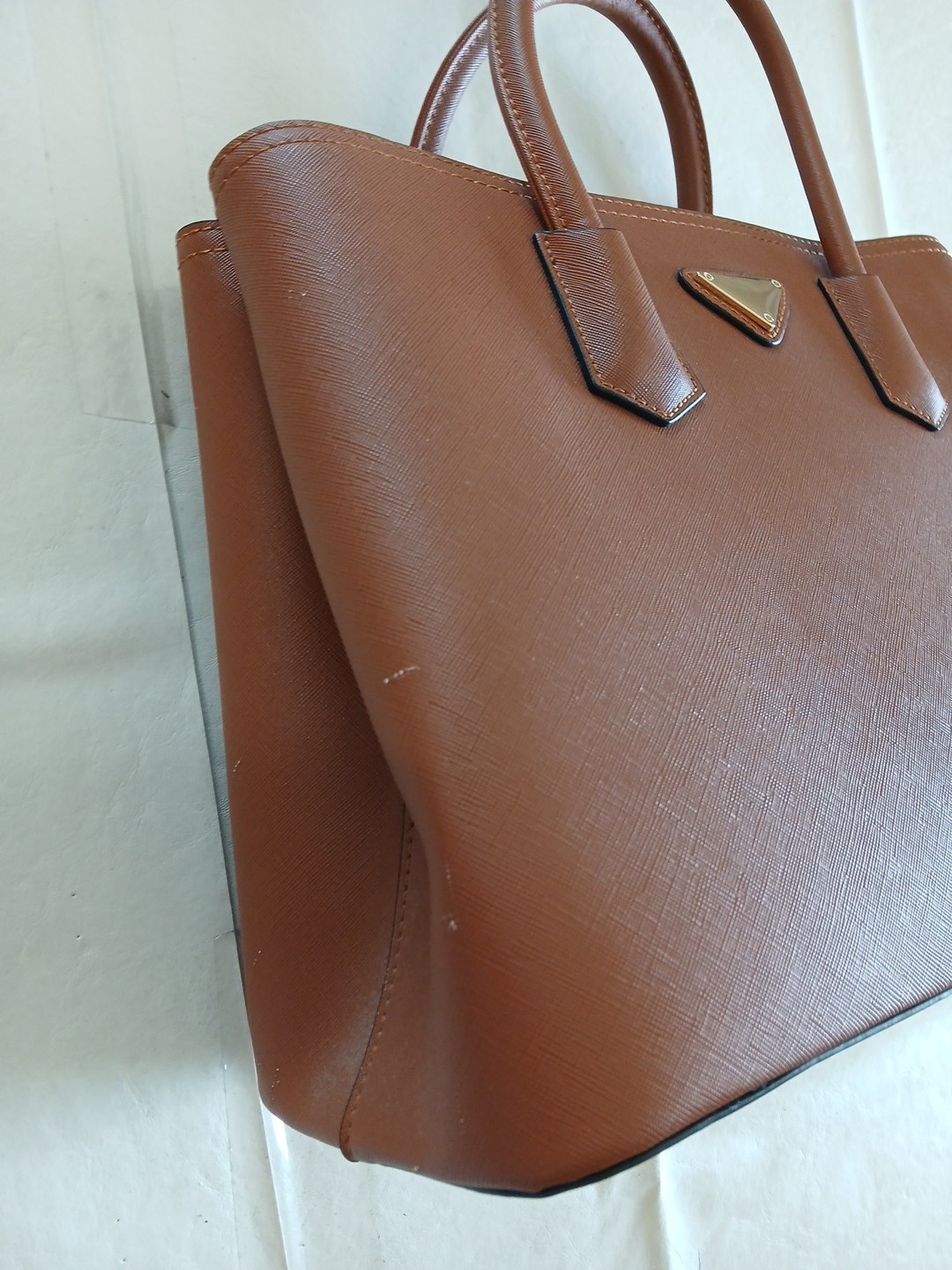 saffiano satchel gold tone hardware adjustable strap double handles brown