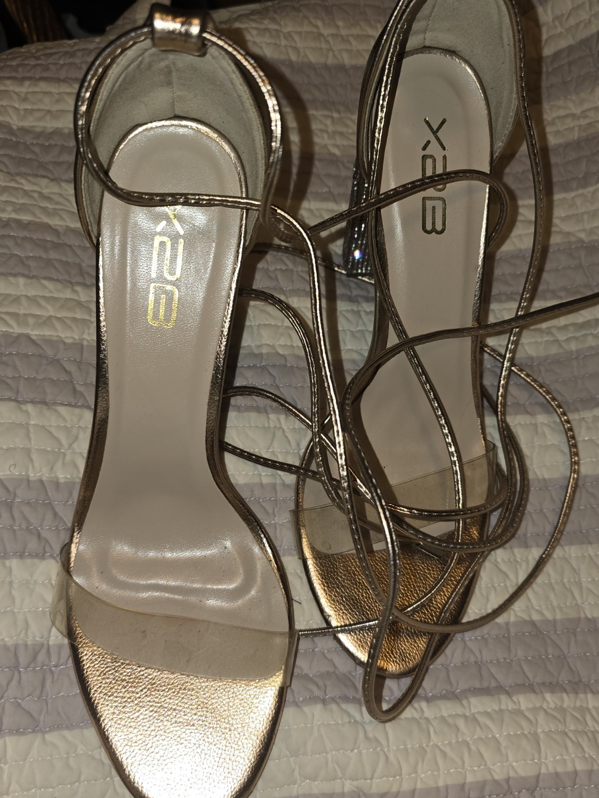 X2B Rhinestone Block Strappy Block Heels With Clear Toe Strap Sz 10 M