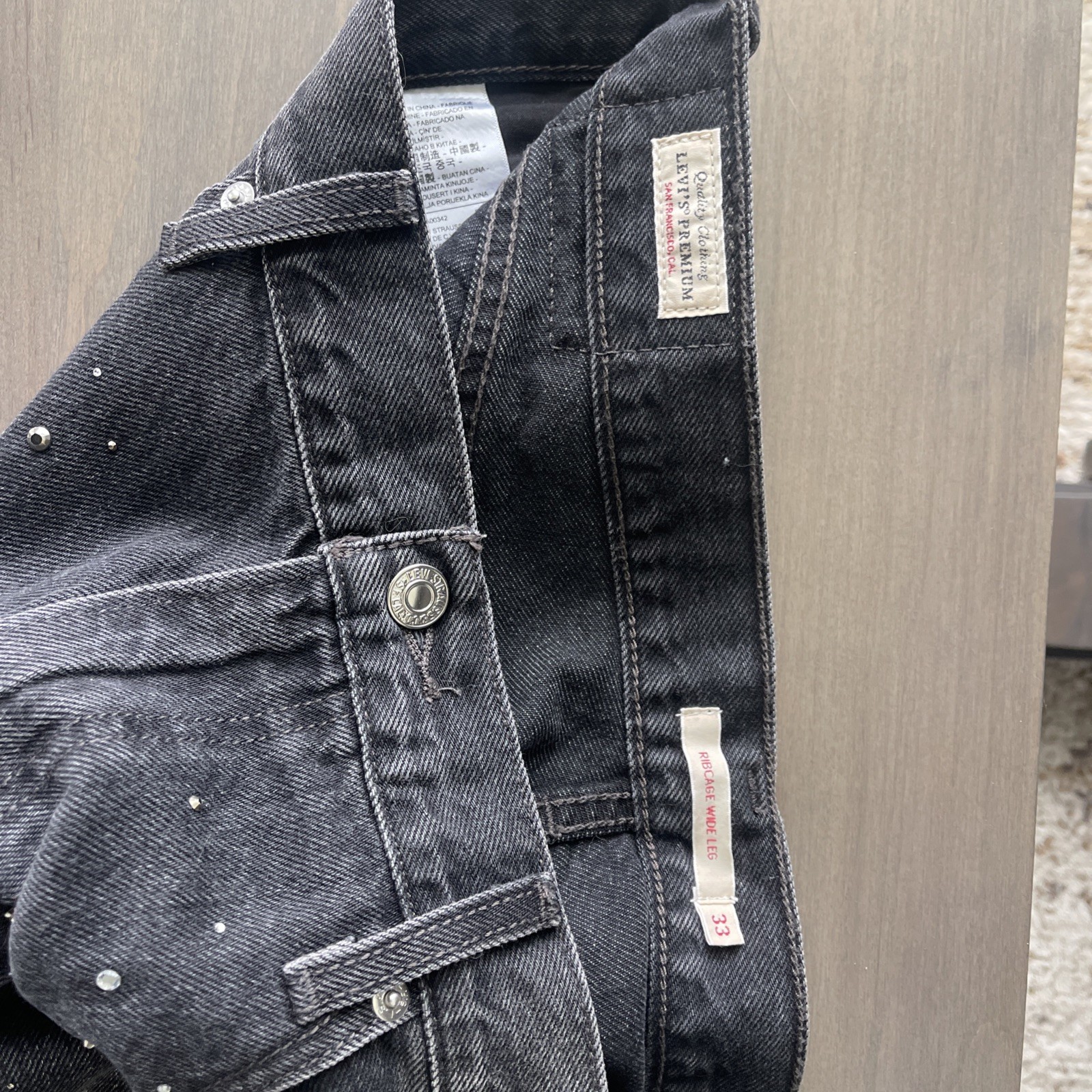 Levi’s Premium Ribcage Wide-leg Dazzle Me Smoke Black Denim Sparkle W33 L32 $180