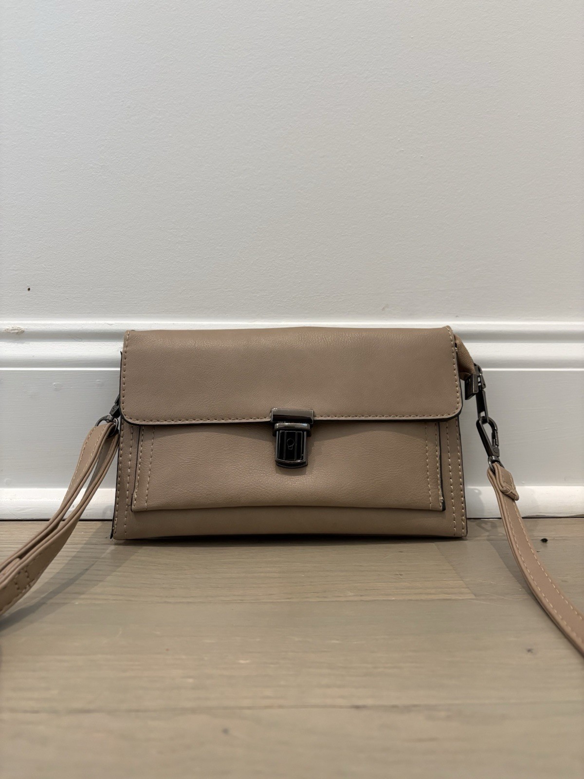 Beige Small Shoulder Bag Push Lock Adjustable Strap Buckle Accent for Women