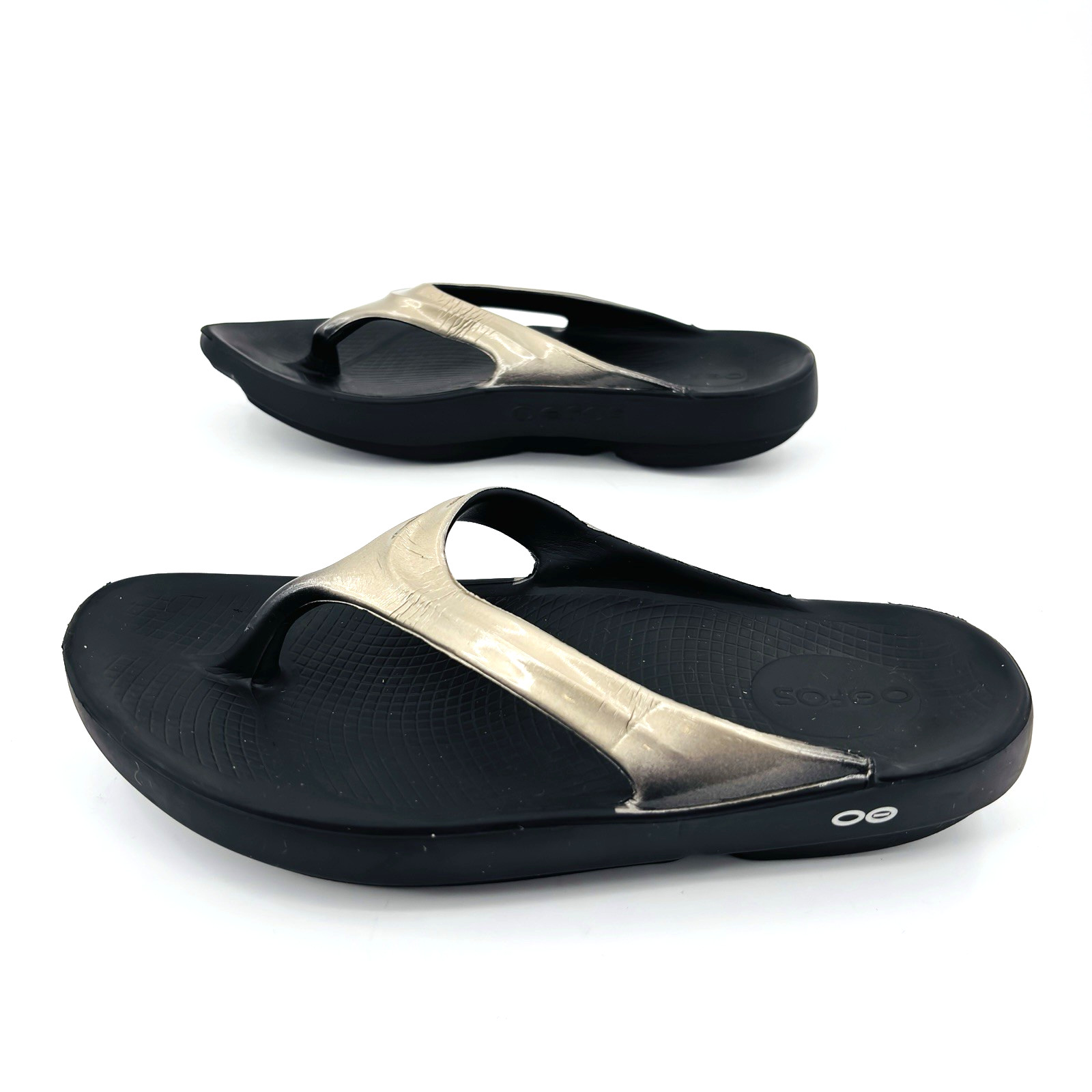 Womens 9 40 OOFOS OOlala Black Latte Thong Sandals Flip Flops Recovery Comfort