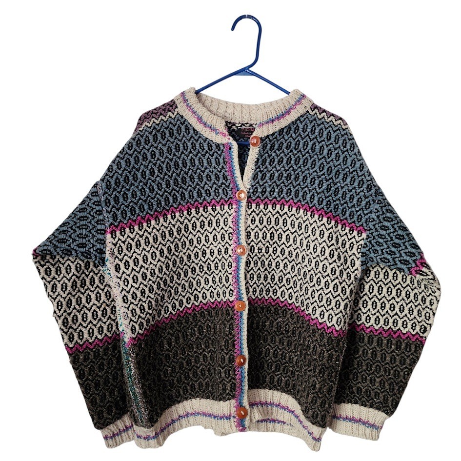 STEPHEN Handmade in Ecuador 80s Wool Cardigan Sweater Geometric Stripe Pattern