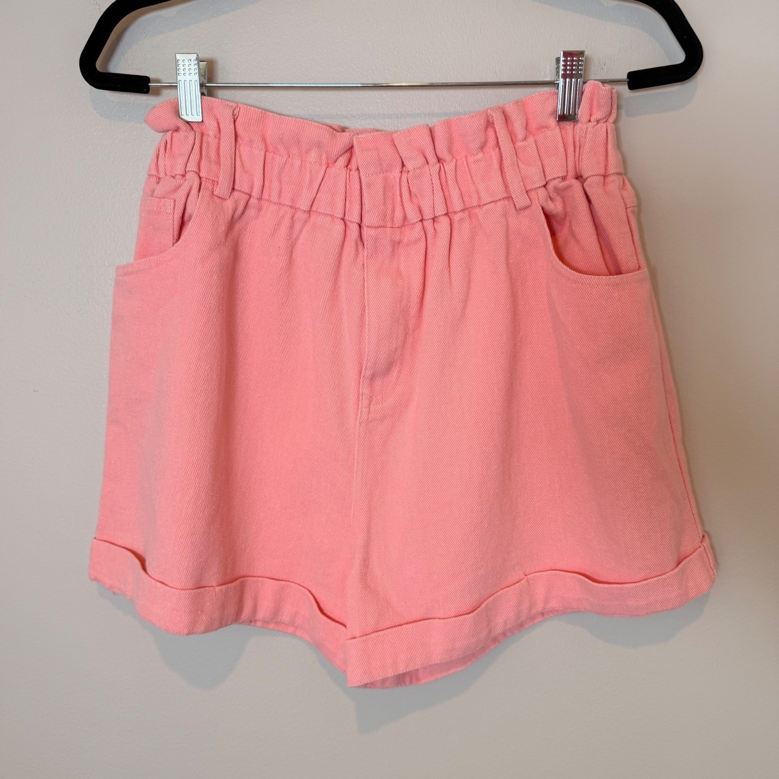 Pastel Pink Cotton Denim Paperbag Shorts (M) Summer Beachy Girly Casual Elastic