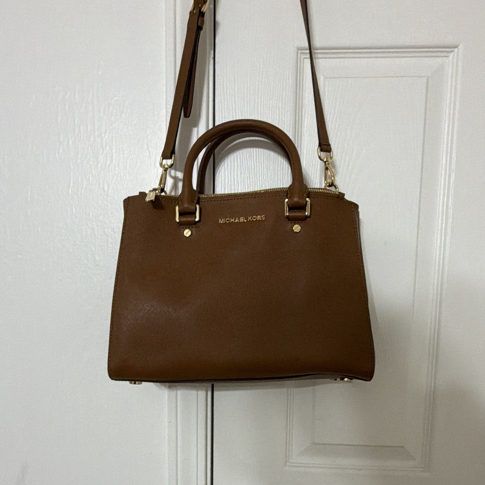 Michael Kors Brown Satchel Top Handle Bag Gold Hardware Detachable Strap