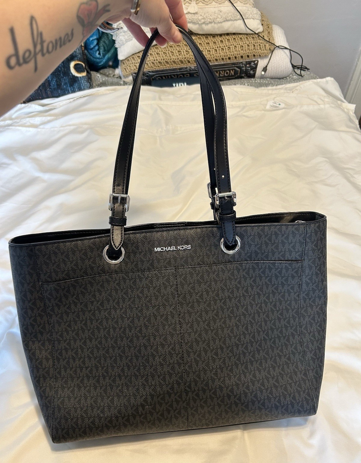 Michael Kors Logo Tote Handbag Black Gray Double Handles Silver Hardware