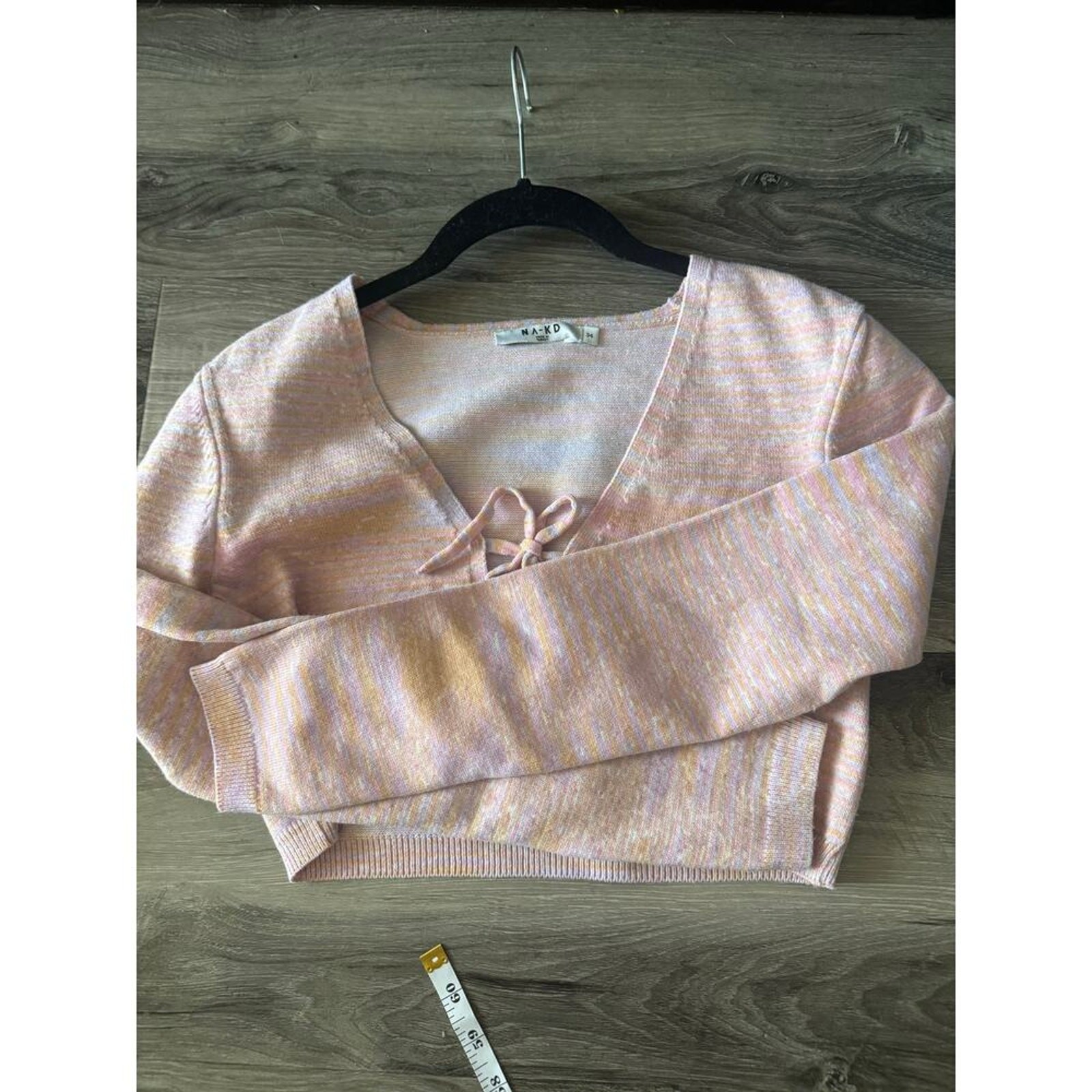 NA-KD Pastel Tie Front Cropped Knit Cardigan Pink Multicolor Sweater Size 34 XS