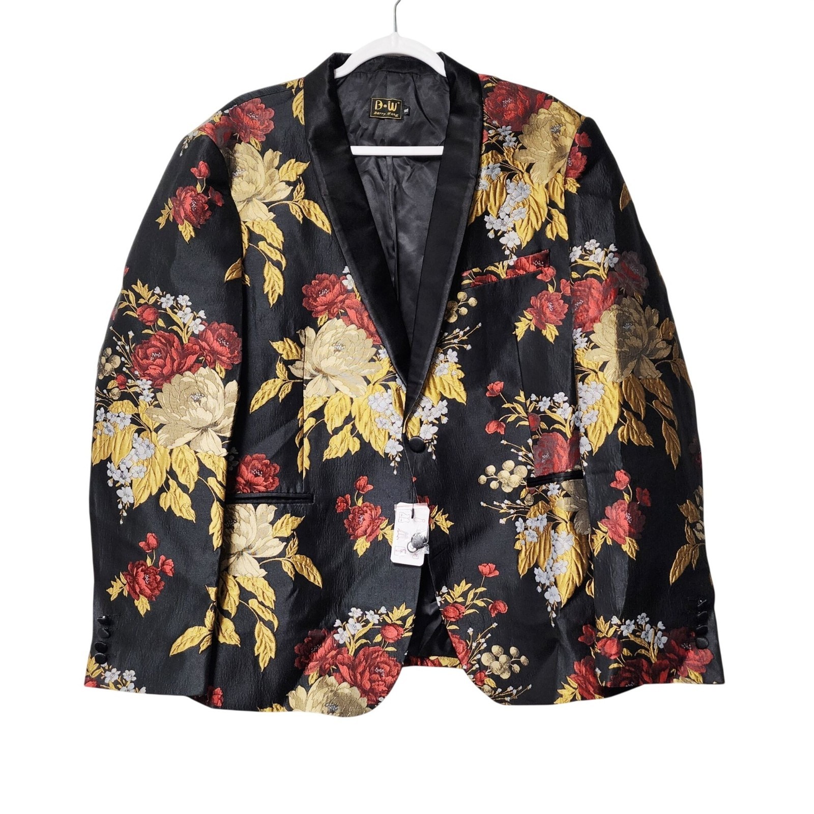 Barry.Wang Mens Floral Print Tuxedo Jacket Blazer Black Red Gold Size XL