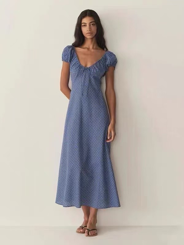 NWT Doen Elegant plaid slim fit long skirt with bubble sleeves and round neck dr
