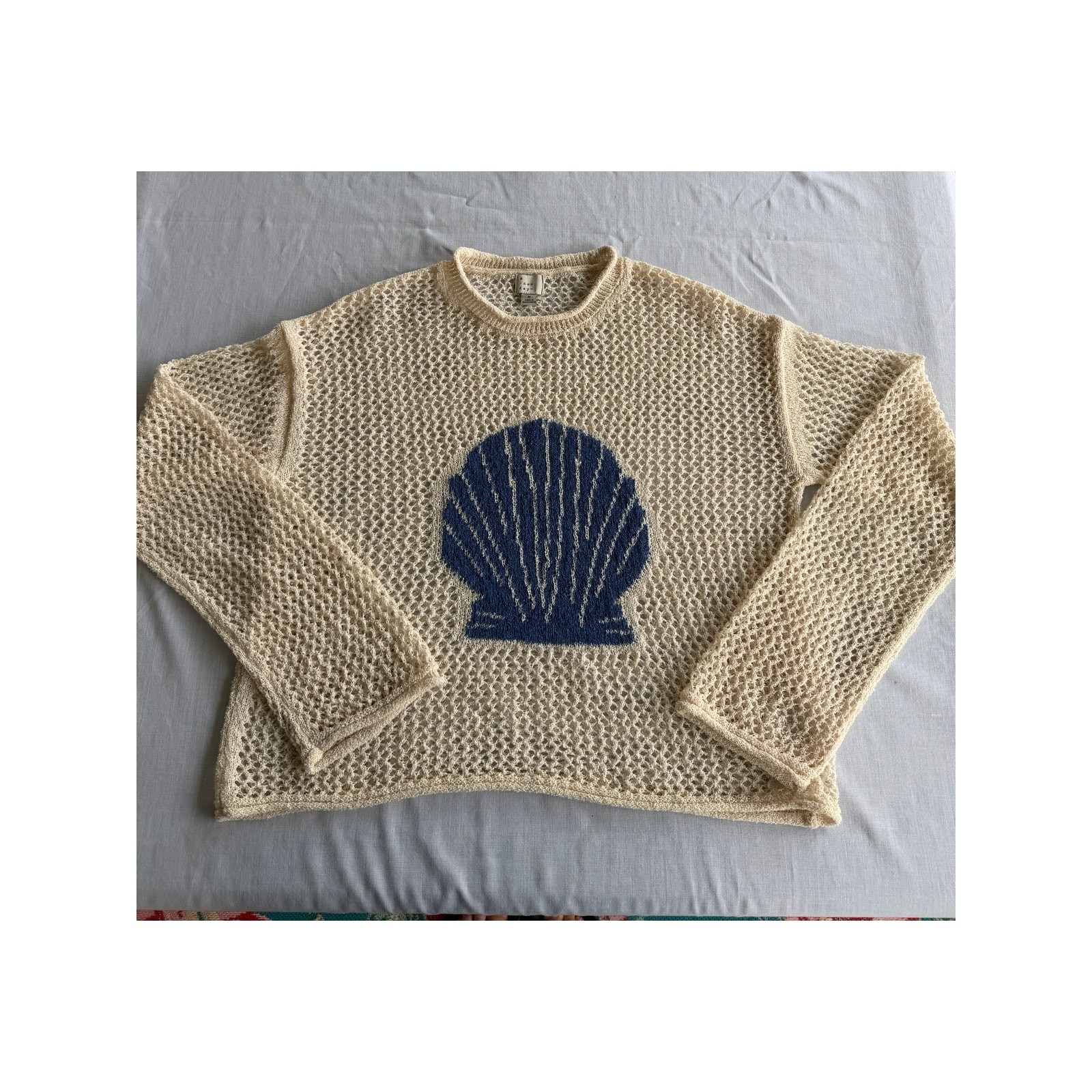 CoastalGrandma Boho Cottagecore A New Day Seashell Crochet Open-Knit Sweater M