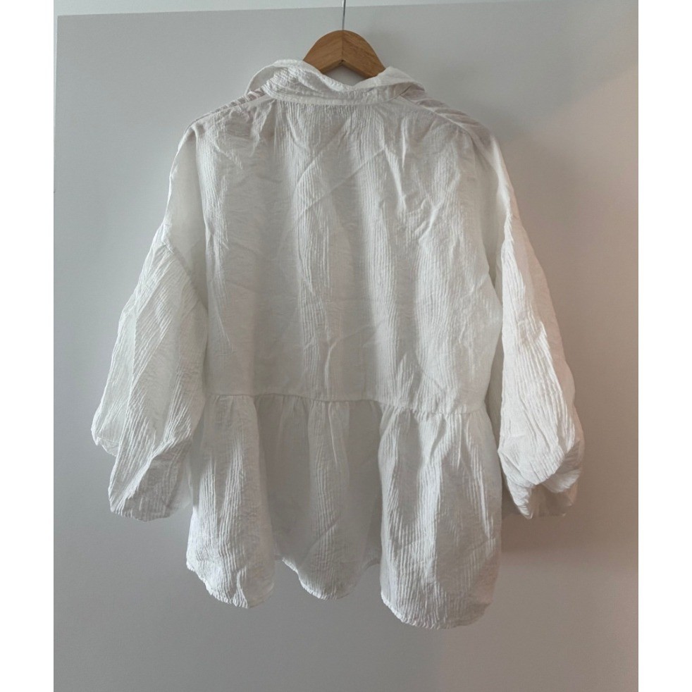 Zara Womens White Textured Gauze Oversized Balloon Sleeve Peplum Blouse Top