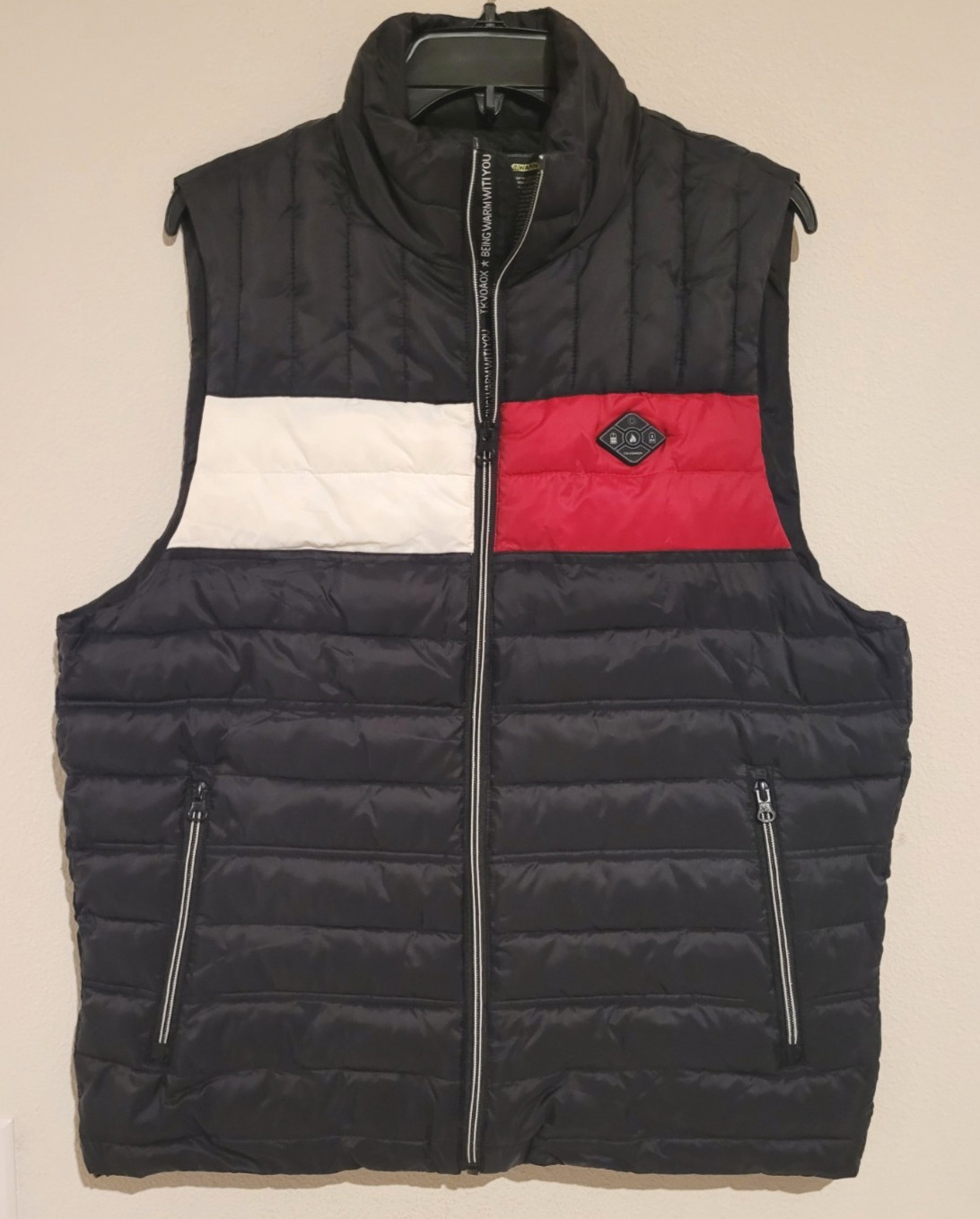 TKVOROAX Men’s Puffer Vest Black Red White Color-block Full Zip Quilted Size M