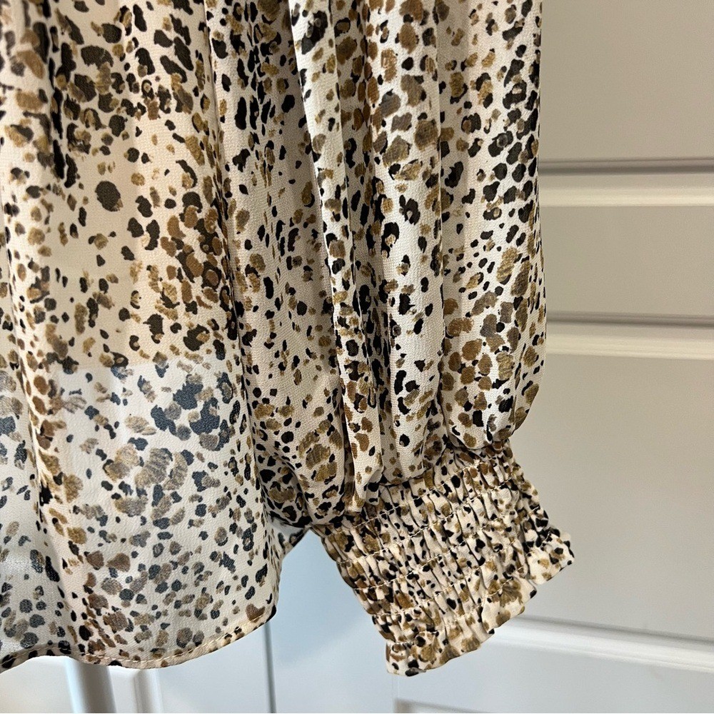 Rose + Olive Leopard Print Smocked Peplum Blouse Neutral Long Sleeve Large