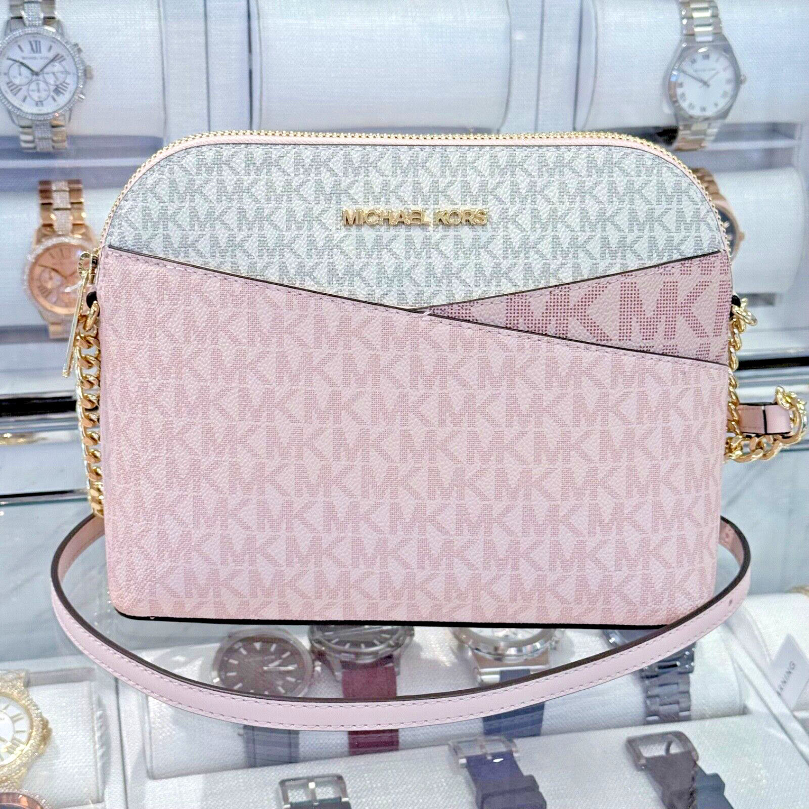 Michael Kors Jet Set Travel MD Dome Crossbody Bag MK Signature Rose Powder Multi