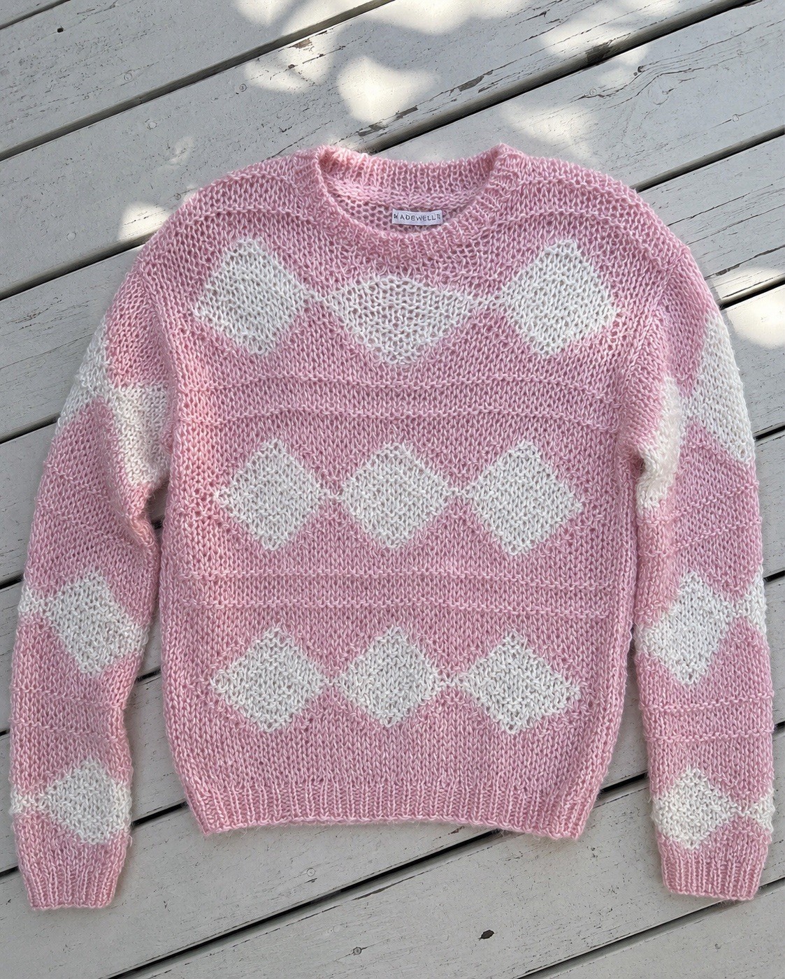 Y2K Pink Argyle Sweater Womens Medium Chunky Knit Coquette Preppy Pullover