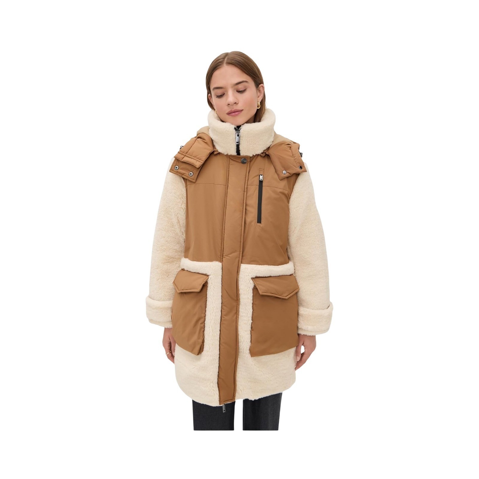 UGG W Kaysin Down Parka Chestnut Cream Mixed Media Shearling Coat 1171465 M