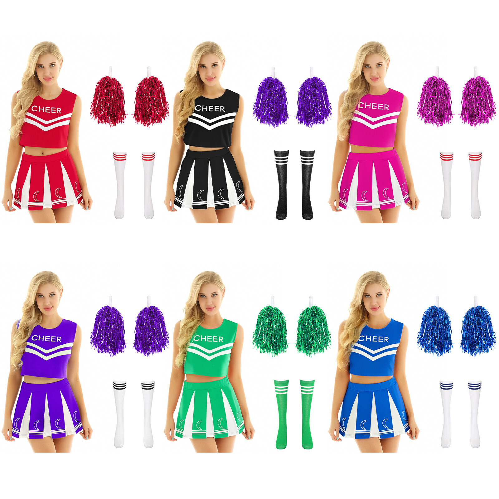Women Uniforms Halloween Skirt Sleeveless Cheerleading Outfit Socks Dress Dance