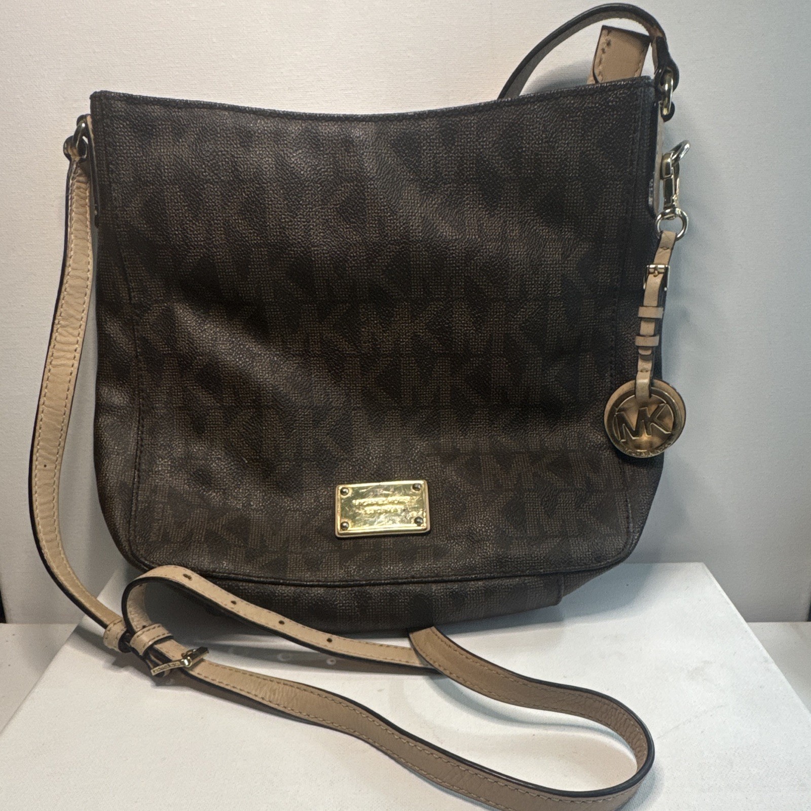 Michael Kors Brown Monogram Crossbody Bag Beige Strap 30T2GTVM3B