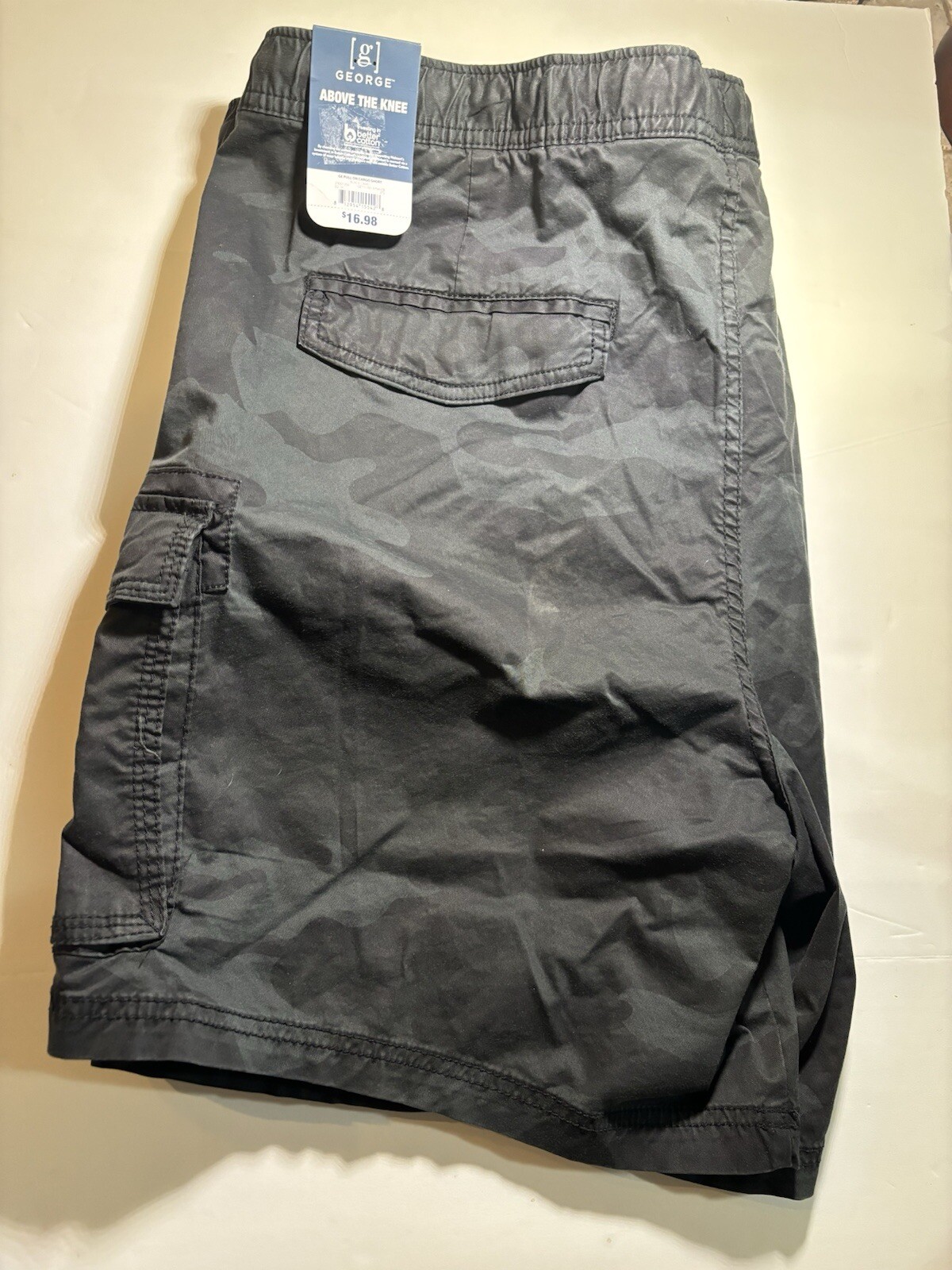 George Men’s 2XL 44-46 Stretch Waist Cargo Shorts Above the Knee 8″ BLACK CAMO