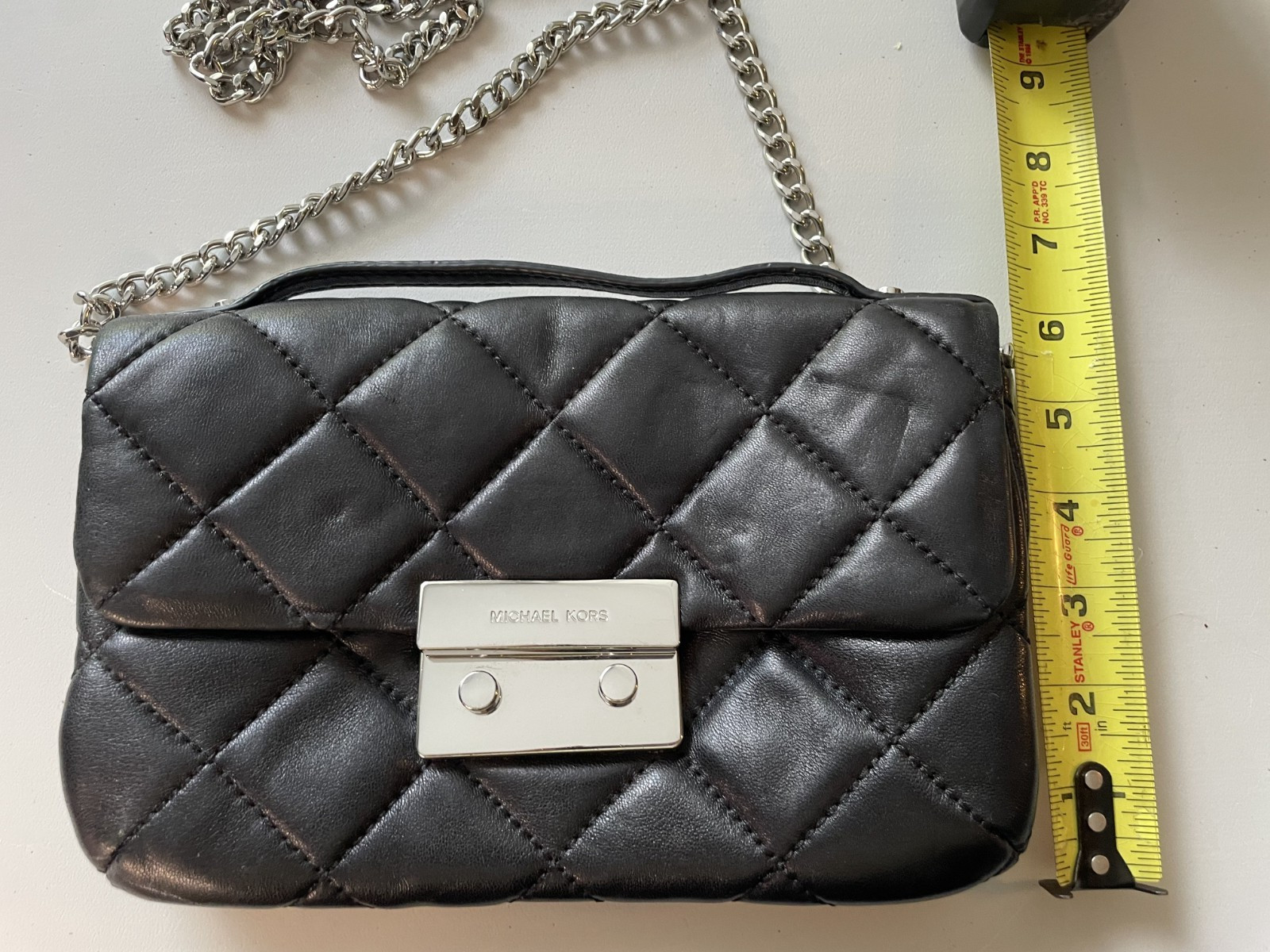 Michael Kors Sloan Long Silver Chain Medium Quilted Leather Shoulder Bag Black
