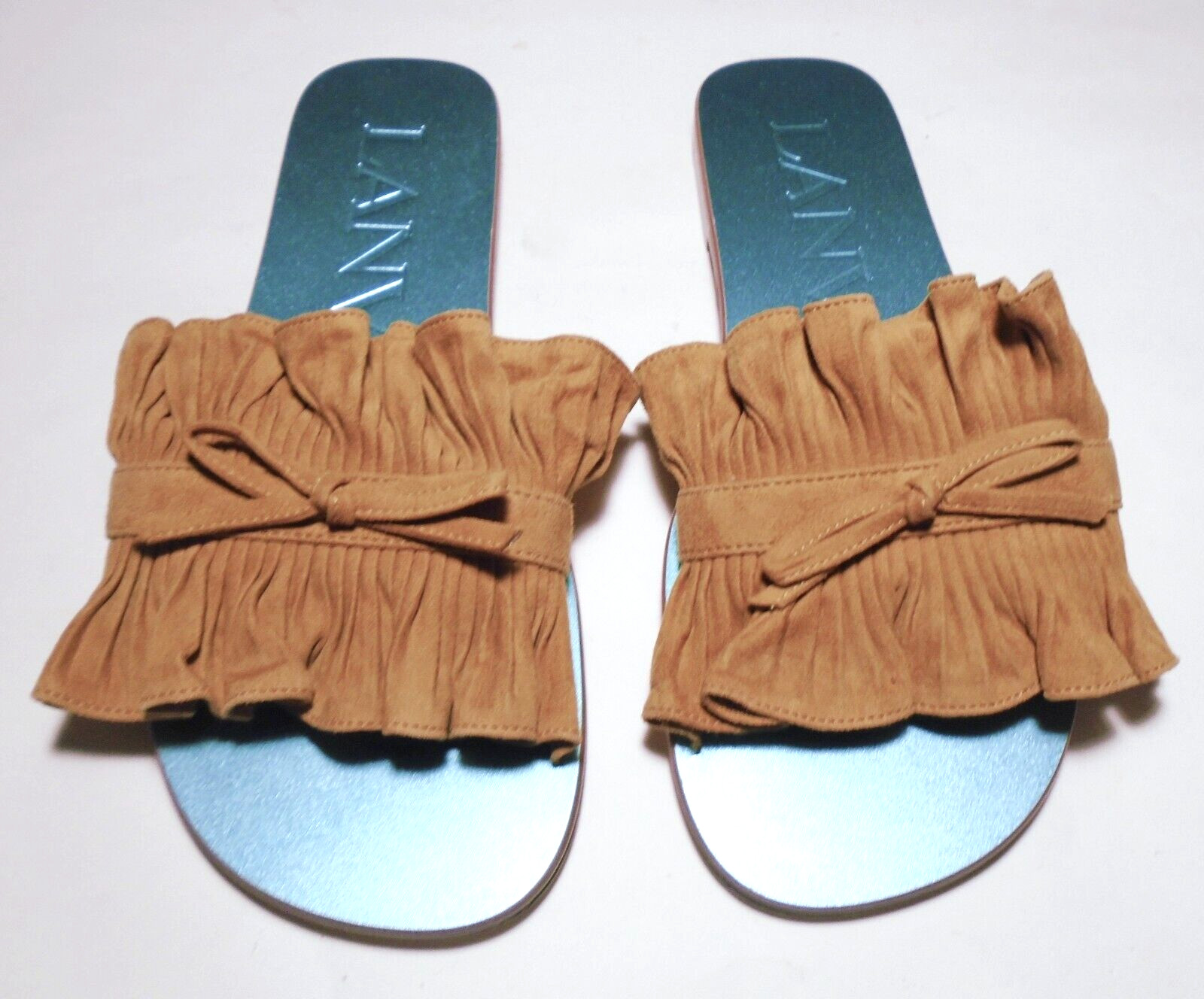 $725 NWT NEW Kipa LANVIN SLIDES/Mules/SHOES Tan SUEDE RUFFLE/Bow Size 36/5.5 US