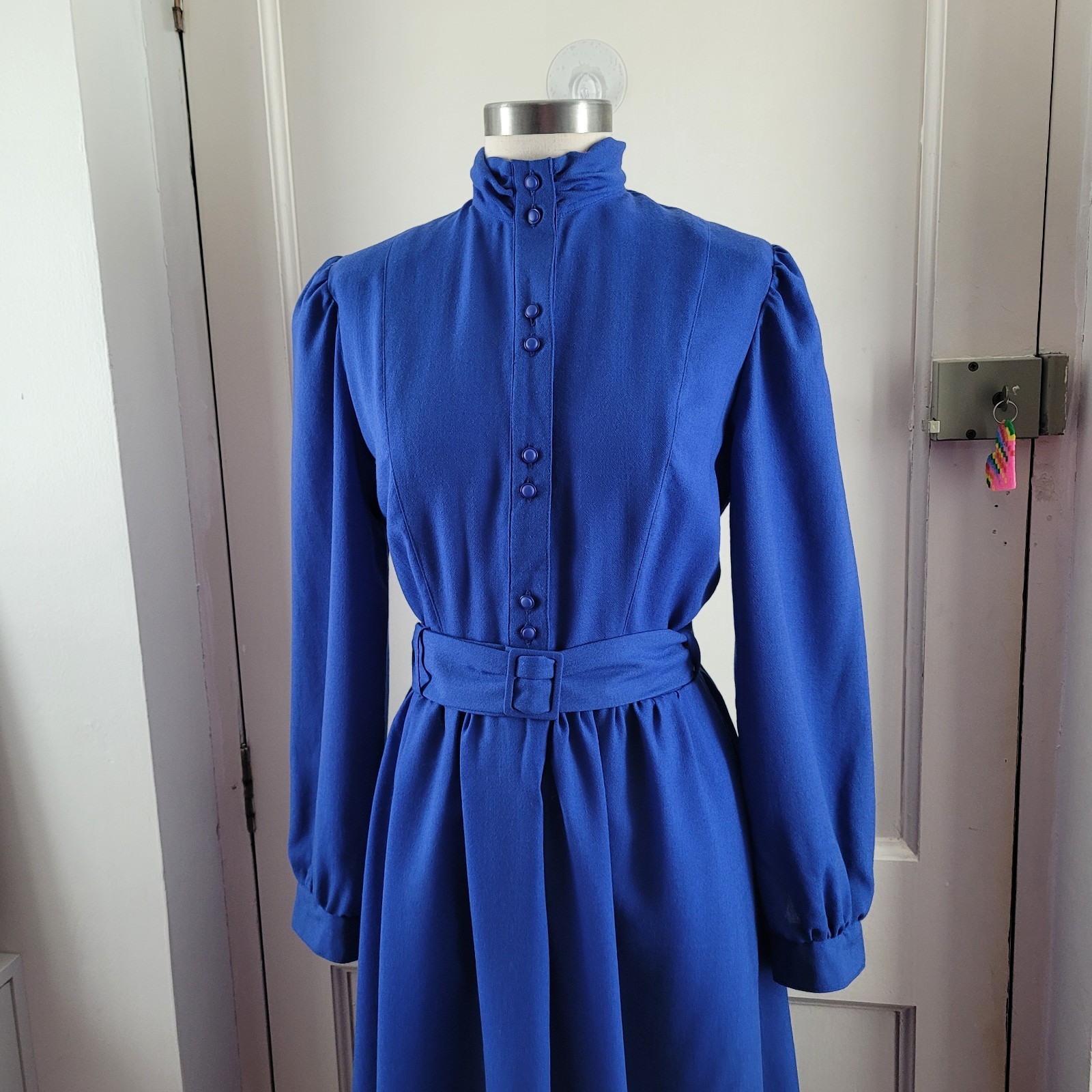 Marion Donaldson Vintage Deep Blue Wool Midi Dress Belted Pockets 10 12 Uk