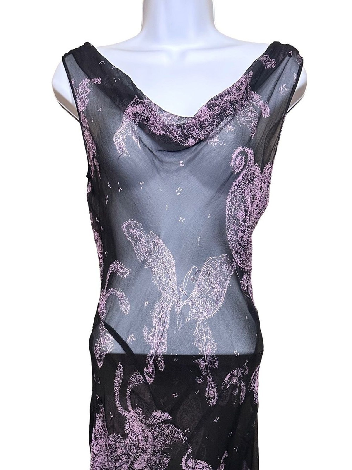 Y2K Silk Sheer Overlay Butterfly Paisley Sequin Dress Cowl Neck Size 6