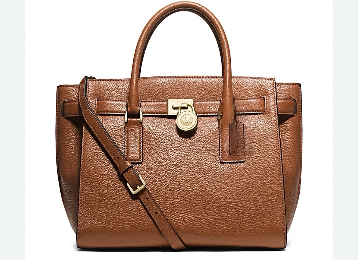 Michael Kors Hamilton Satchel Leather Bag Brown Gold Chain Emblem Excellent Cond