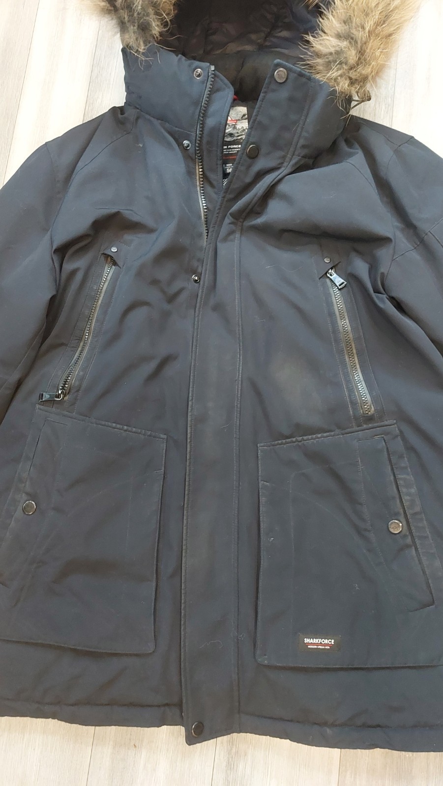 Shark Force Men’s Black Hooded Down Parka Coat w/ Fur Trim, Size L