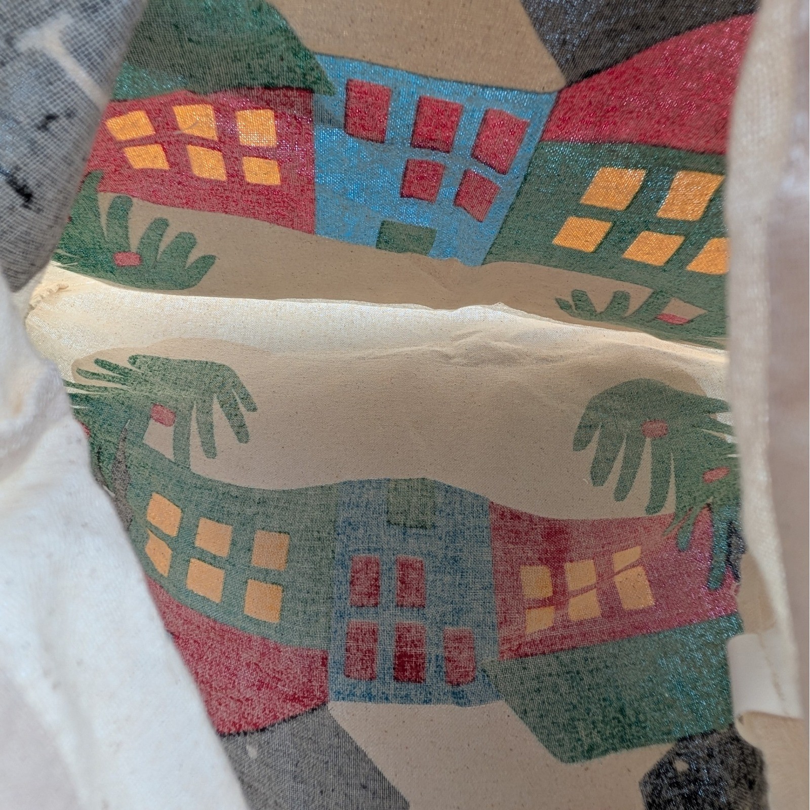 Kalalou Winter Village Canvas Tote Bag Christmas Holiday Village Scene Cream 15″