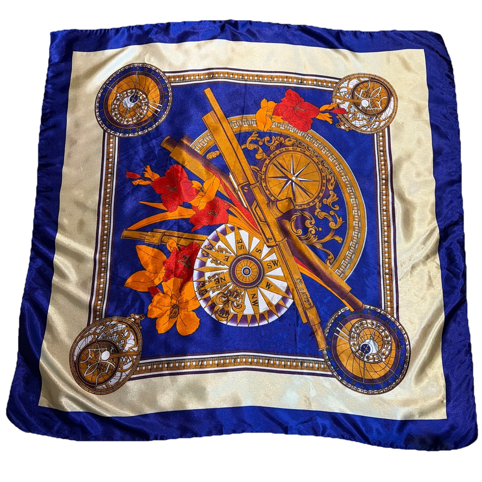 Vintage Satin Floral Scarf Large 36X36″Colorful Nautical Compass Old Money