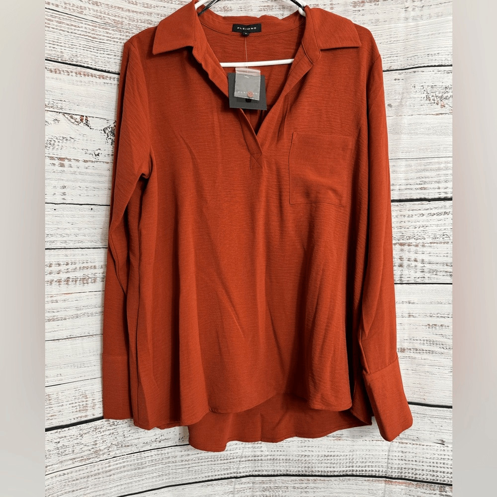 Pleione Blouse Womens size Medium popover chiffon Bronze Rustic Top Light Sheer
