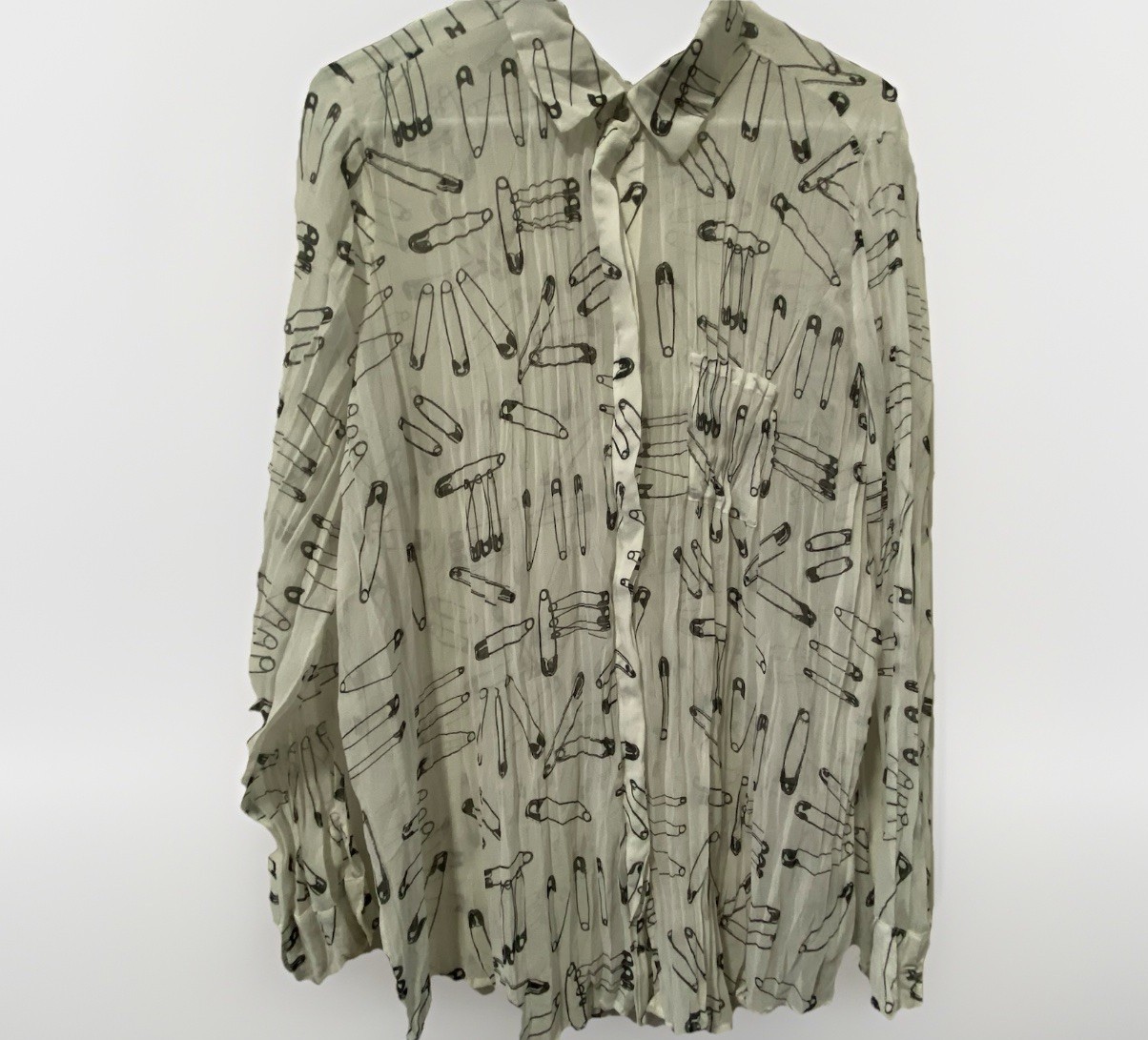 Punk Avant-Garde Women’s White Button Up w Allover Safety Pin Print Size S