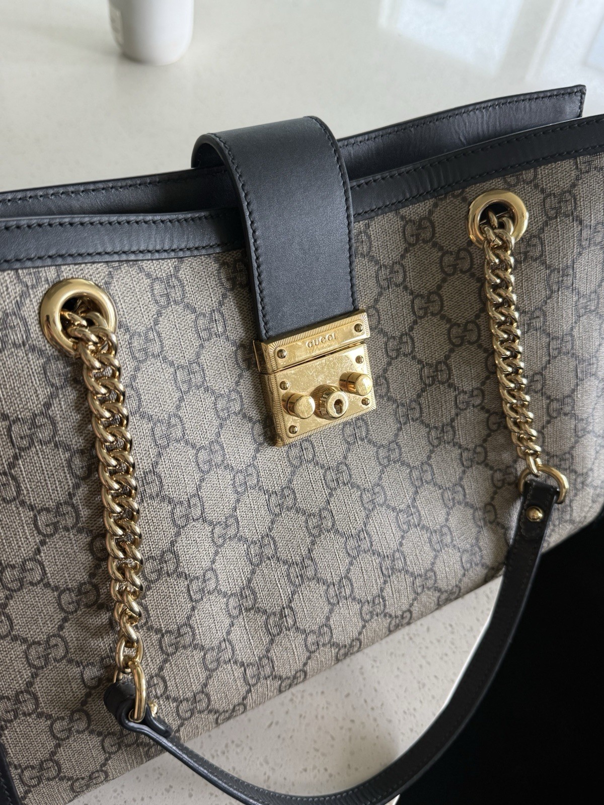 Gucci GG Padlock Medium Top Handle Bag Beige Black Gold Lock Chain Strap