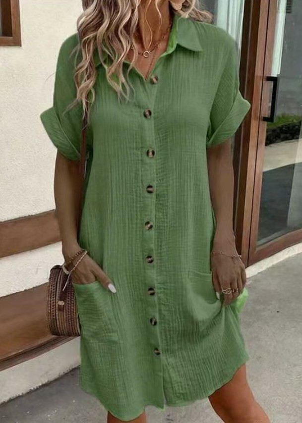 V Neck Button Front Midi Dress Short Sleeve Cotton Casual A Line Sundress