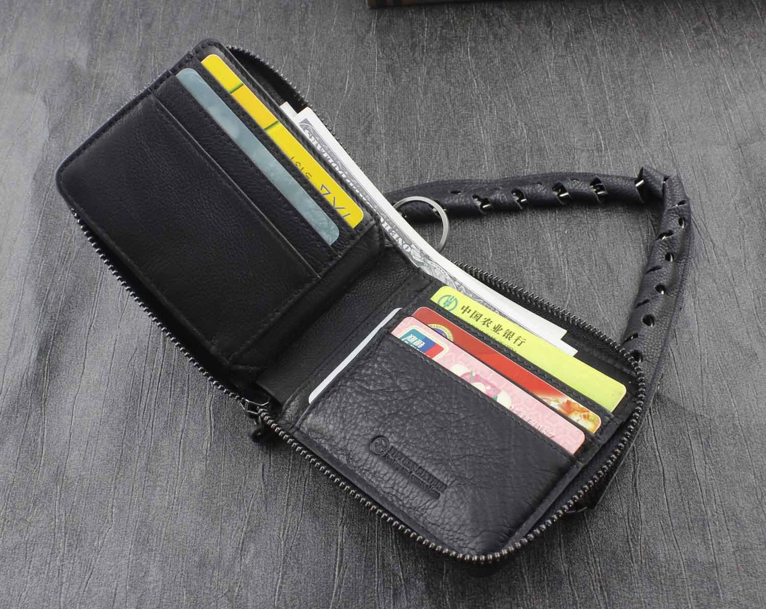 Wallet for Men Sheep Leather Zipper Card Biker Wallet With Safe Chain Black