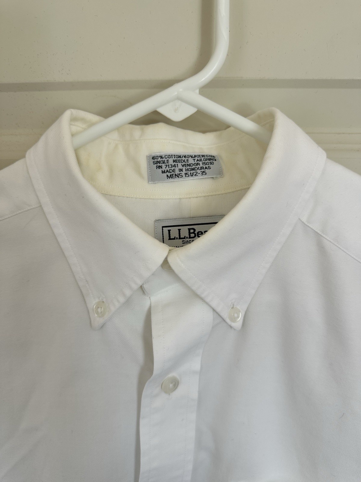 VTG LL Bean Men White Button Down Shirt Long Sleeve SingleNeedle Tailor 15 1/2