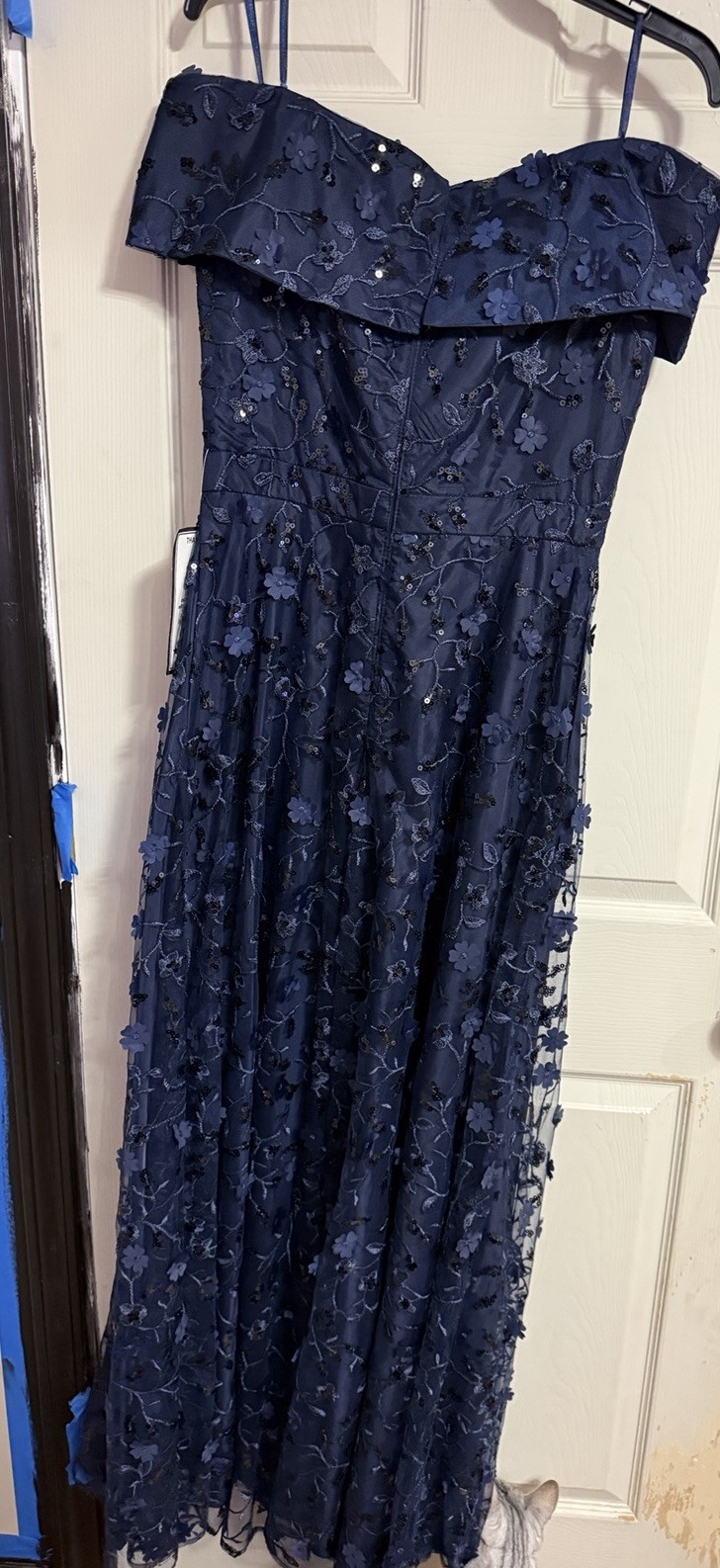 Xscape Navy Off Shoulder Lace Sequin Floral Long Gown Dress 8 6658X