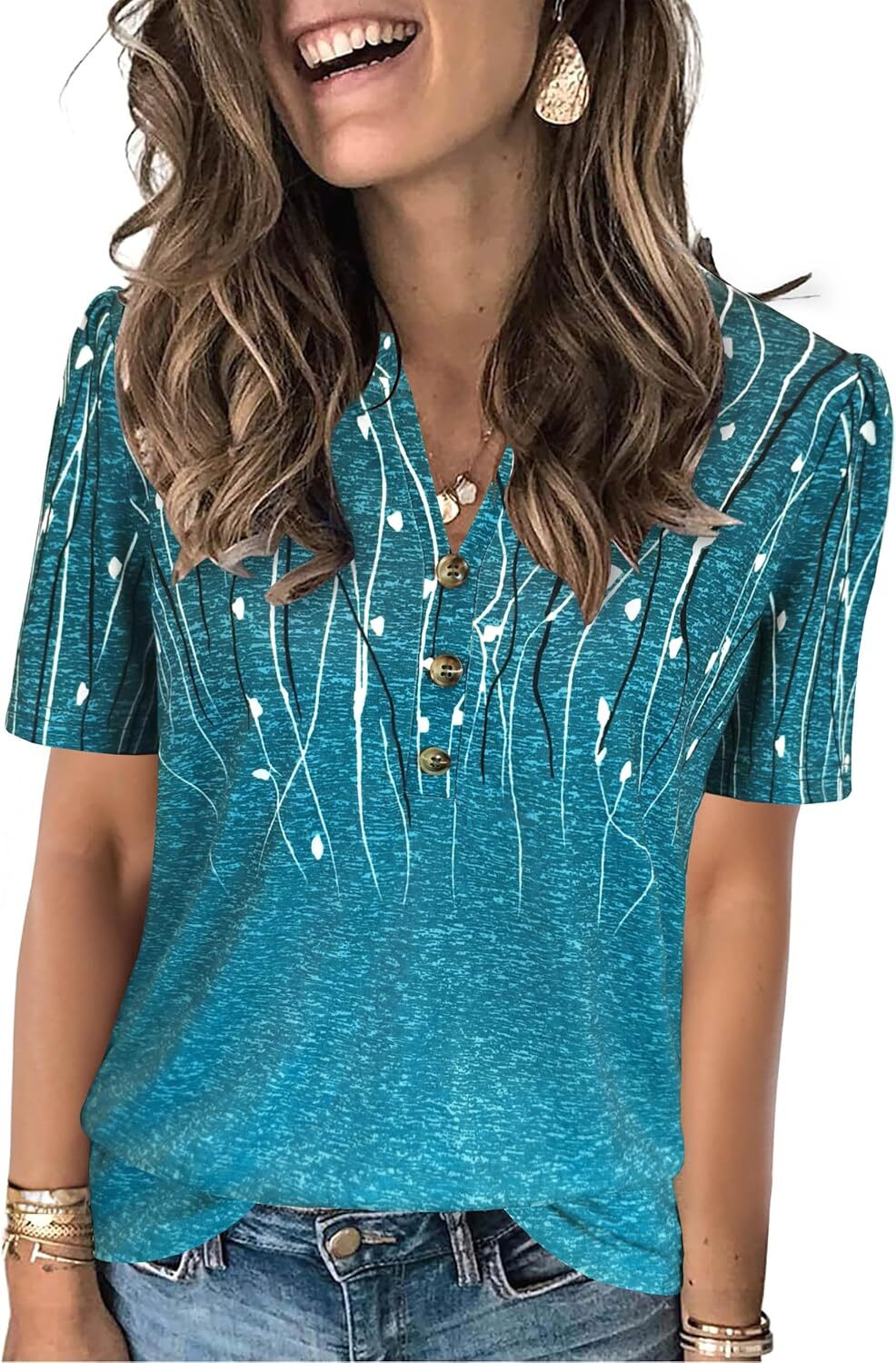 Short Sleeve Womens Casual Shirt Loose Fit V Neck Summer Top Soft Breathable